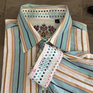 Mens Robert Graham Tan Green Striped Embroidered Button Up Flip Cuff  Shirt 2XL